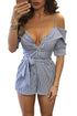 Sexy Blue Striped Condole Belt Cut out Belt Short Jumpsuit